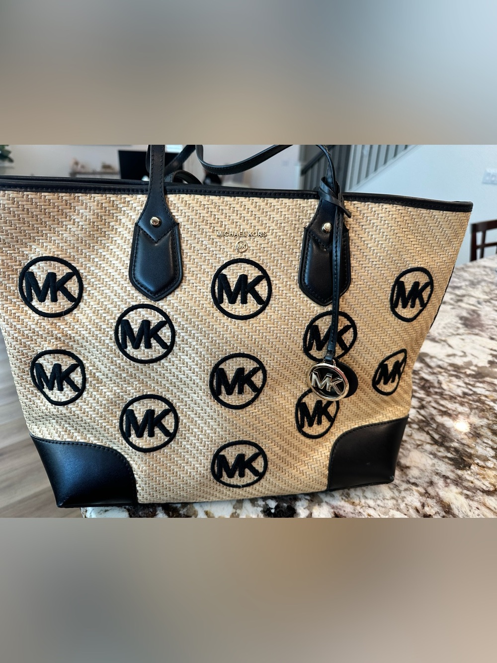 Michael Kors Black and Natural Straw Logo Tote